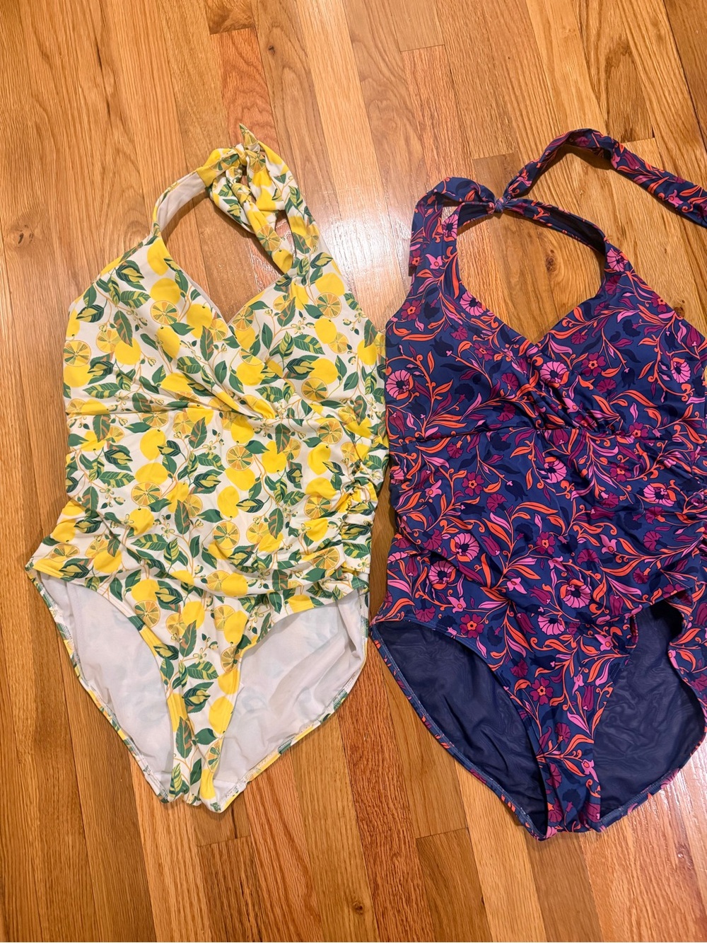 Two Boden One-Piece Swimsuits - Yellow Lemon & Navy Pink Floral